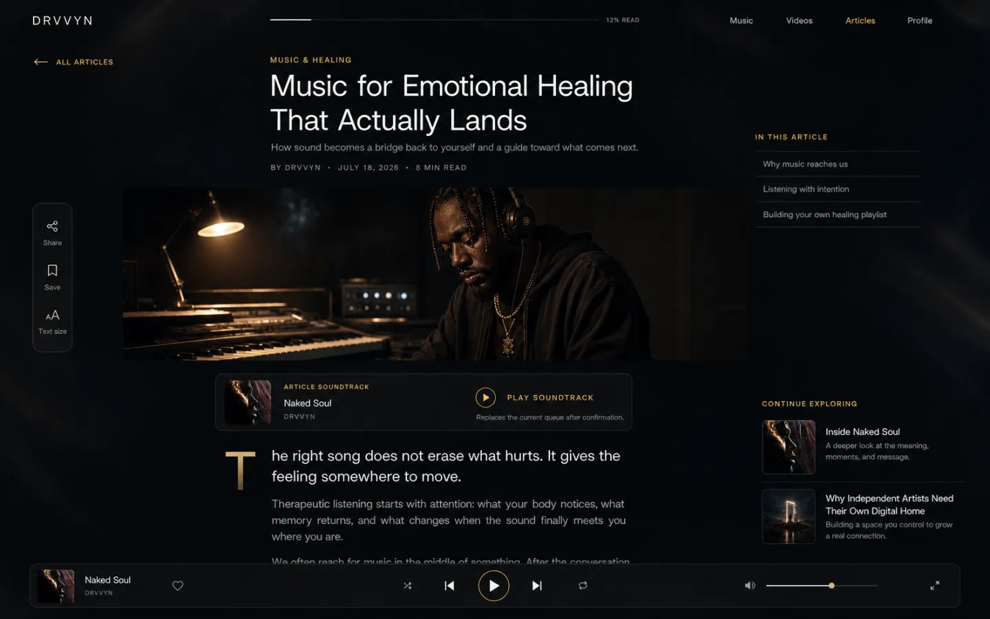 Premium artist article layout with discovery tools and persistent music player