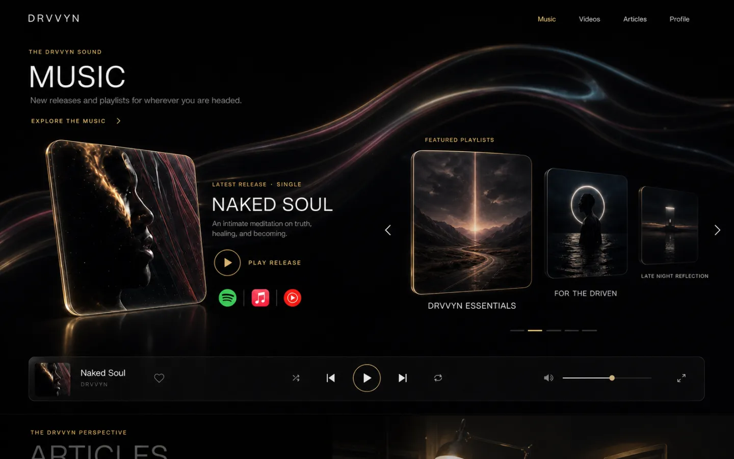 Cinematic artist homepage with music player and immersive visual design